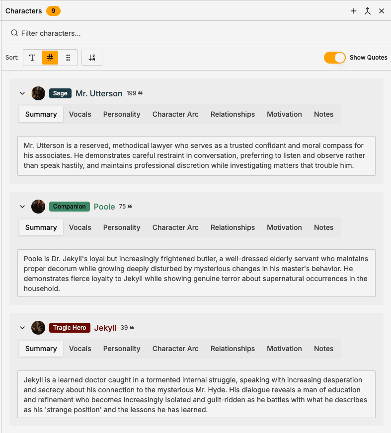 Character management interface showing character profiles and deduplication