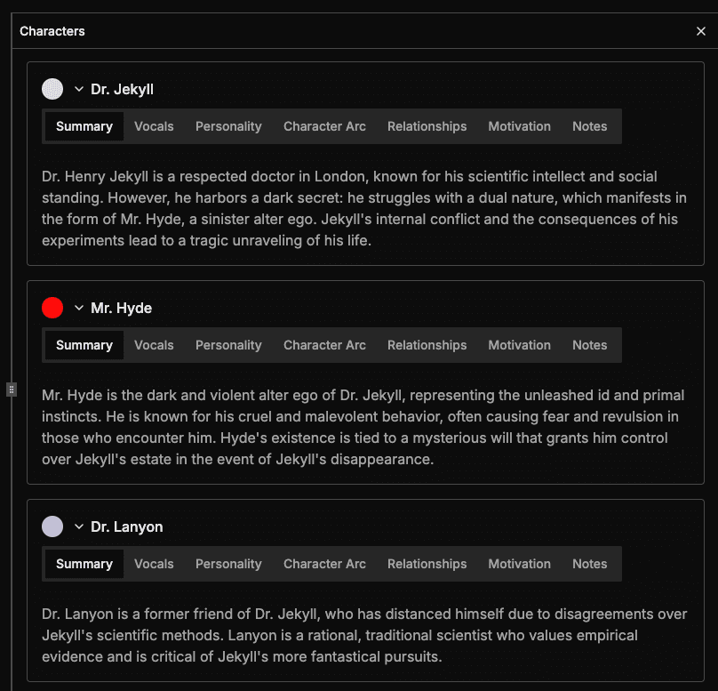 Character management interface showing character profiles and deduplication