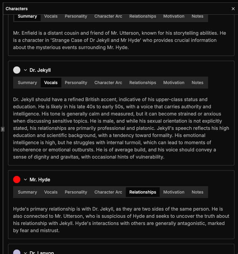 Deep character analysis interface showing character insights and relationships