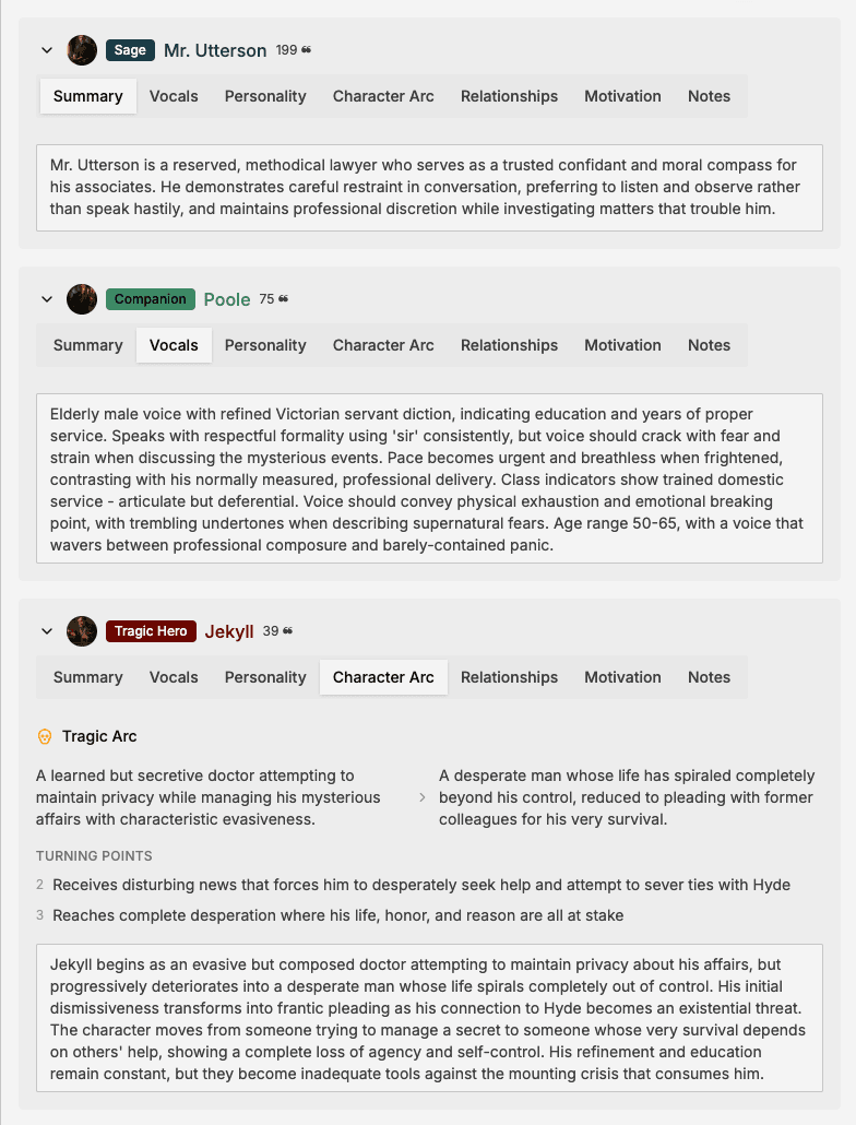 Deep character analysis interface showing character insights and relationships