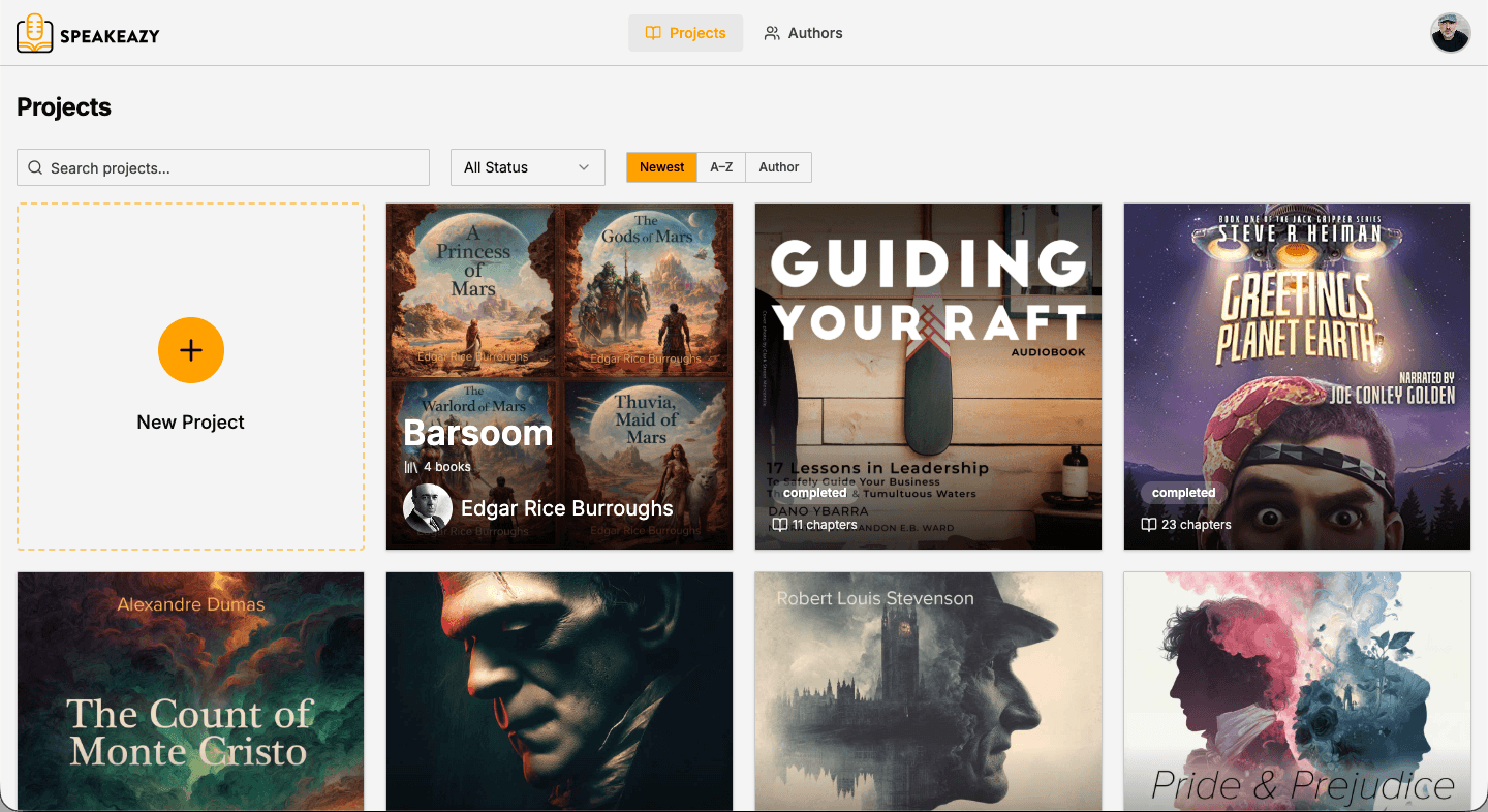 Project organization interface showing author grouping and project library