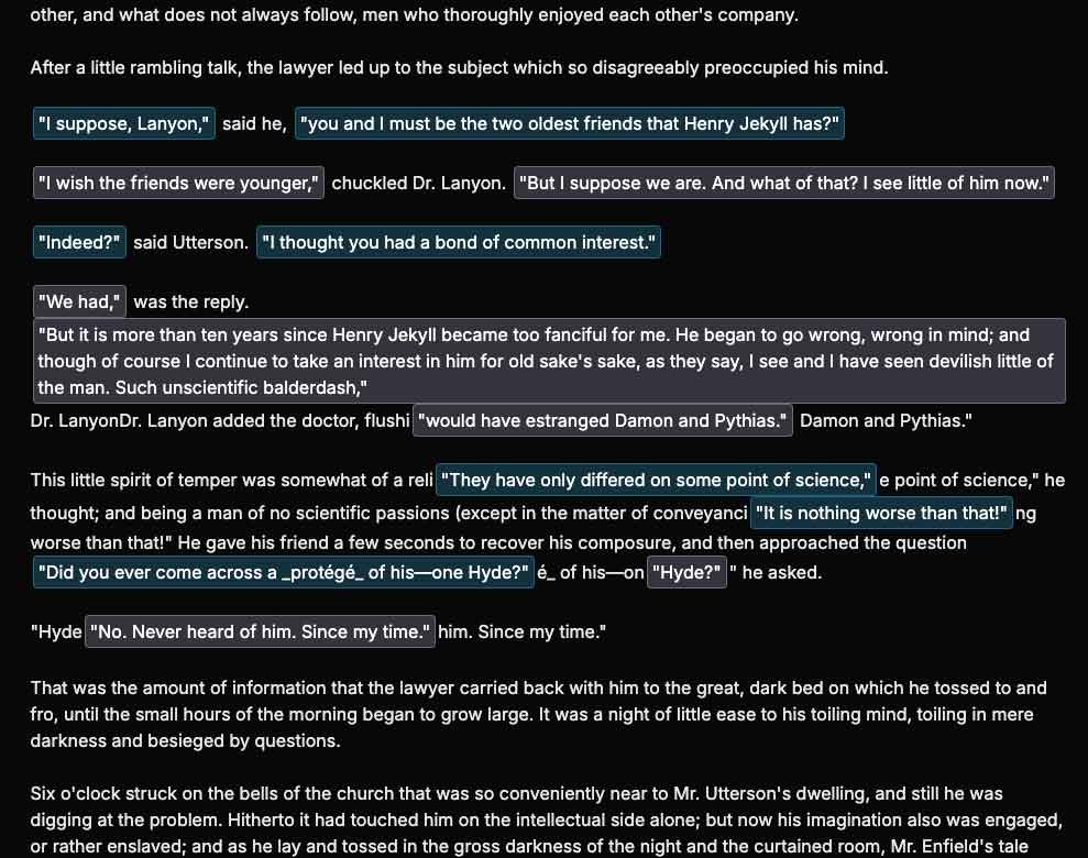 Color-coded dialogue highlighting showing different characters in distinct colors