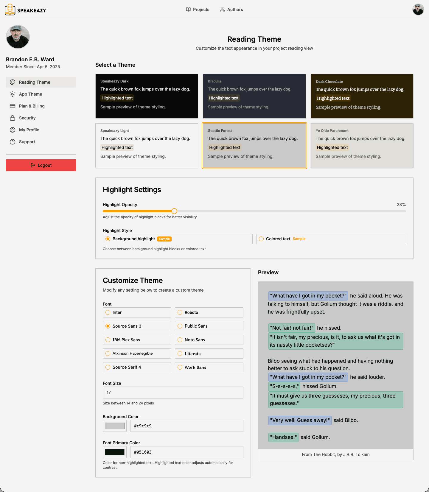 Customizable reading interface showing theme and display options