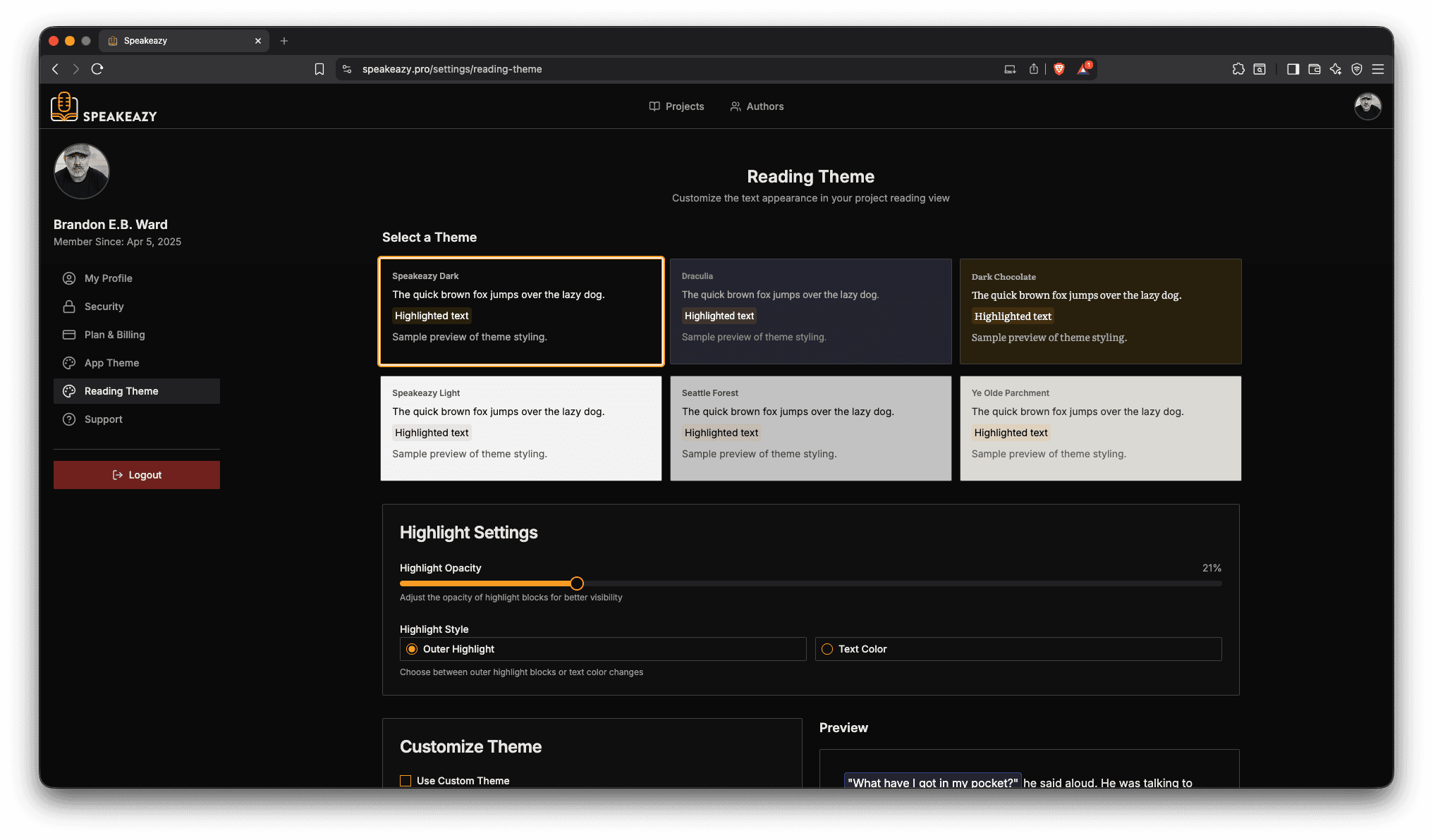 Customizable reading interface showing theme and display options