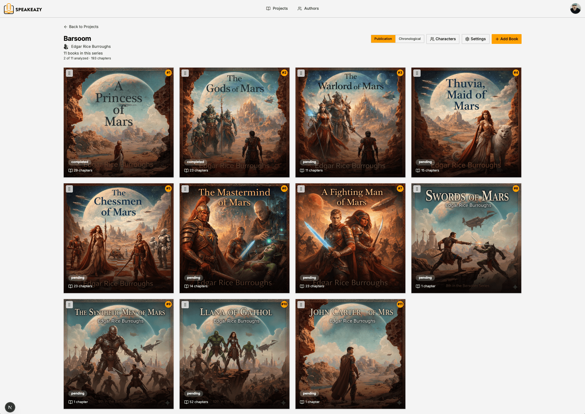 Series management interface showing book grouping and cross-volume character tracking