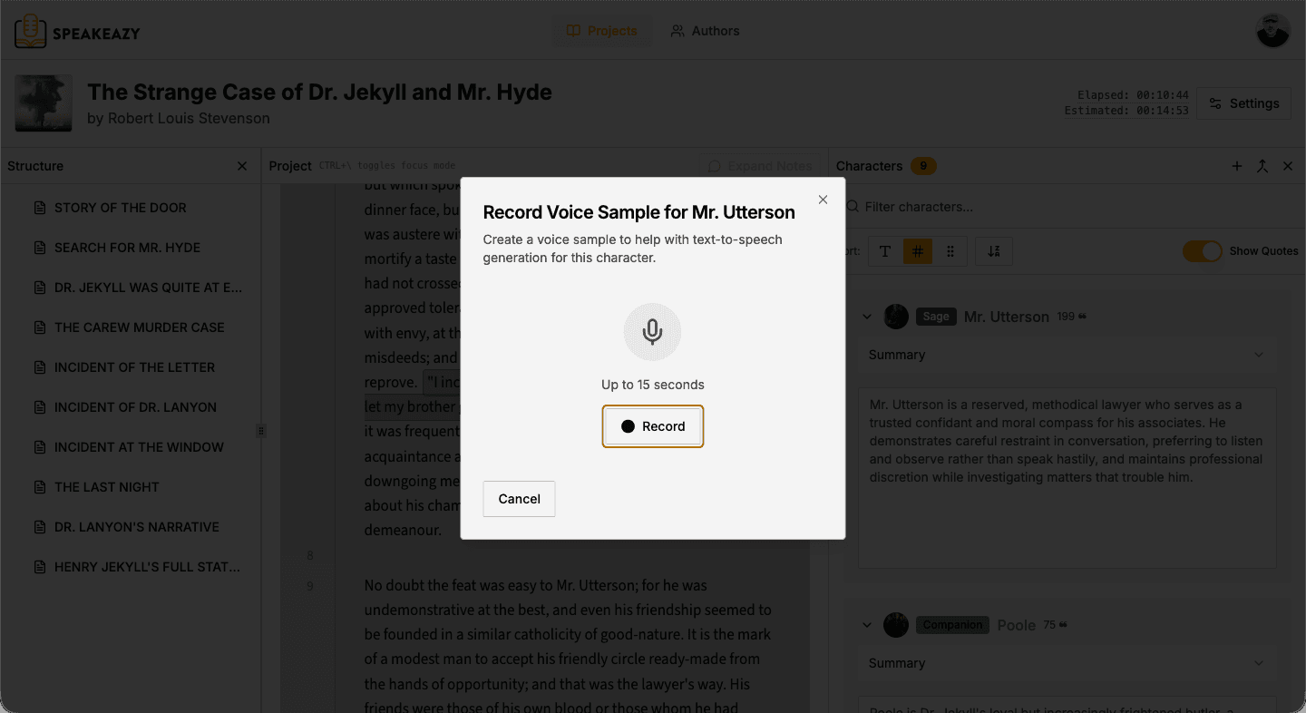 Voice recording interface showing character voice samples and playback controls