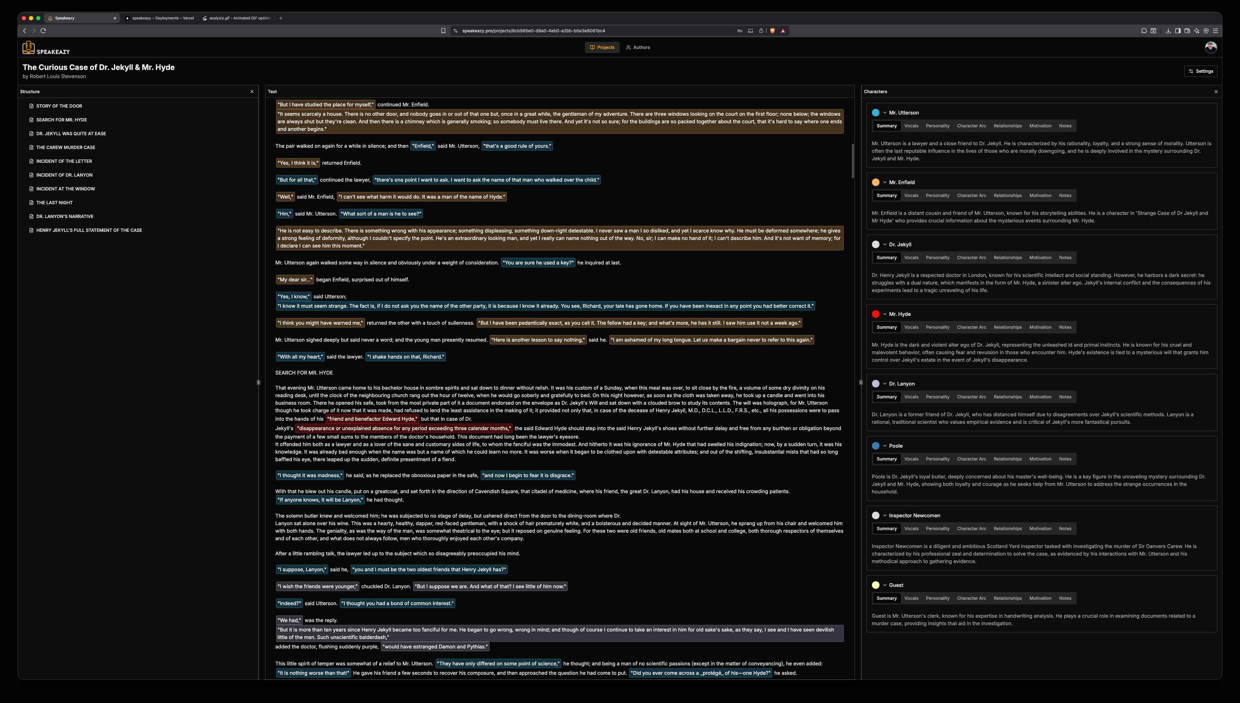 Speakeazy app interface showing script analysis and color-coded dialogue