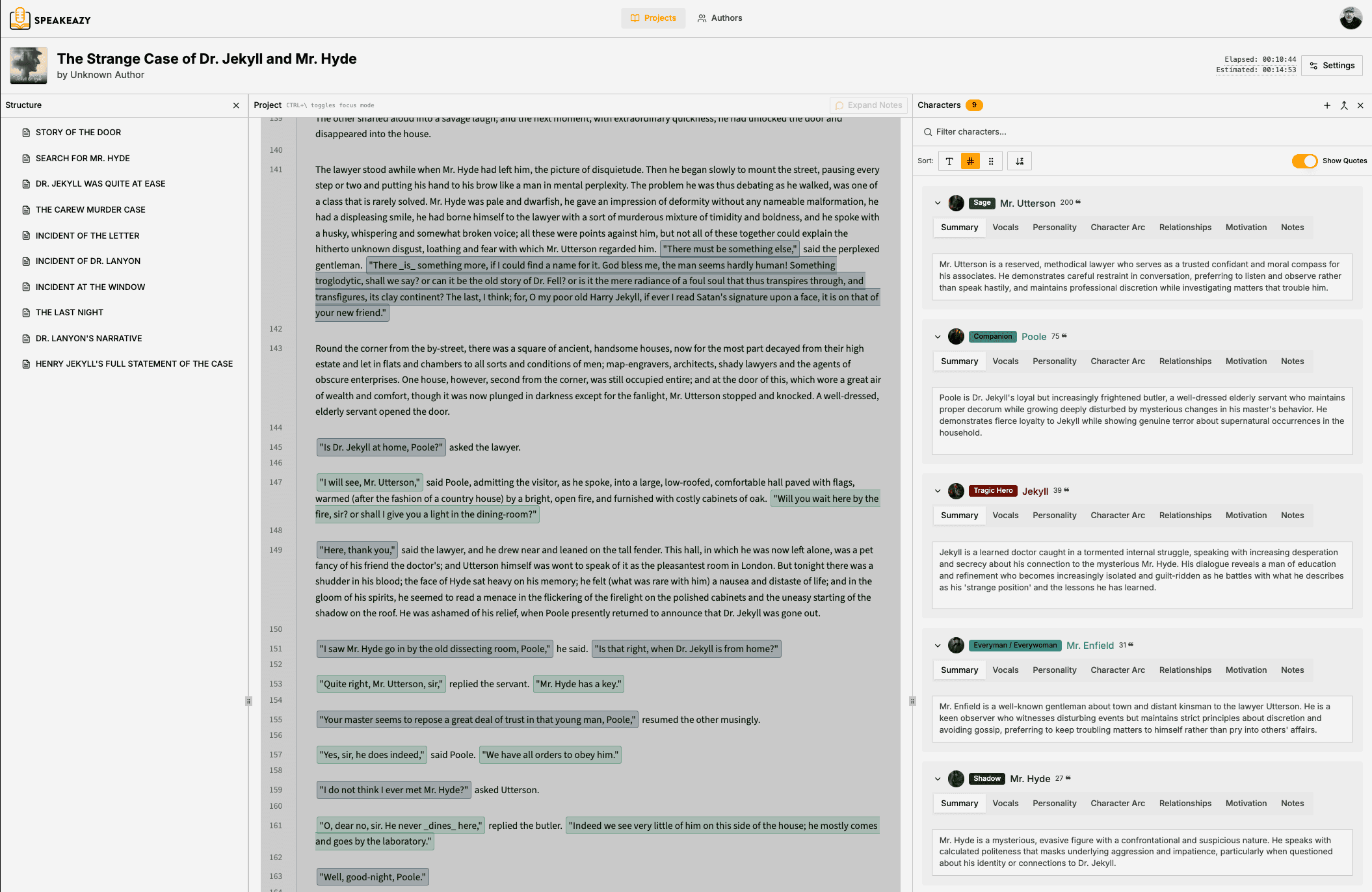 Speakeazy app interface showing script analysis and color-coded dialogue