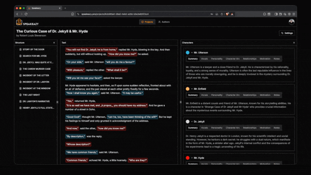 Speakeazy app interface showing script analysis and color-coded dialogue