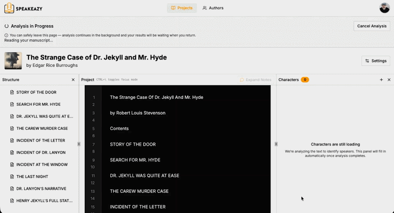 AI-powered script analysis interface showing character detection and dialogue attribution