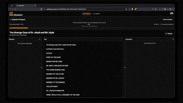 AI analysis in progress showing character detection and dialogue attribution